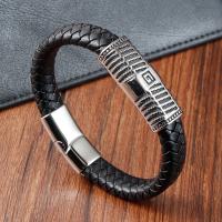 PU Leather Bracelet, with 304 Stainless Steel, Vacuum Ion Plating, for man, black .2 Inch 