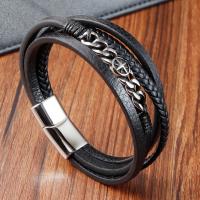 cuir PU bracelet, avec Acier inoxydable 304, Placage ionique sous vide, pour homme, noire .2 pouce, Vendu par PC