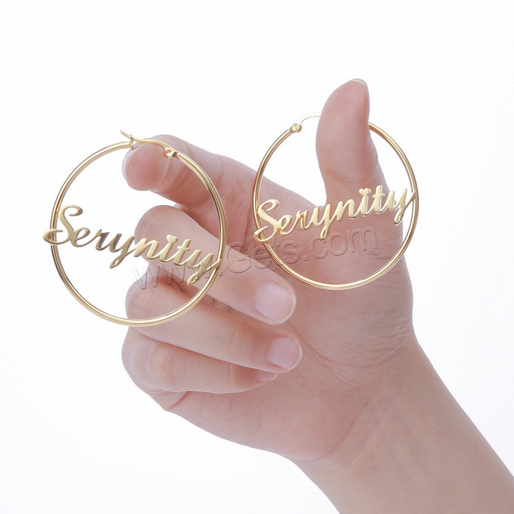 Stainless Steel Hoop Earring, 304 Stainless Steel, Vacuum Ion Plating, Each custom text must be less than 10 letters & fashion jewelry & different size for choice & for woman, more colors for choice, Sold By Pair