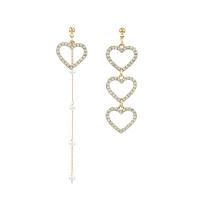 Boucles d'oreilles asymétriques, alliage de zinc, coeur, Placage de couleur d'or, pour femme & avec strass & creux, 9.5cm,1.5*6cm, Vendu par paire