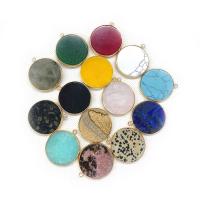 Gemstone Brass Pendants, Natural Stone, with Brass, Flat Round, gold color plated & Unisex 