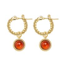 Huggie Hoop Drop Earring, 304 Stainless Steel, with Gemstone, Round, Vacuum Plating & for woman, gold 