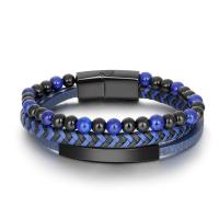 Titanium Steel Bracelet, with PU Leather & Agate, stoving varnish, three layers & fashion jewelry & for man, blue, 41*6mm,20mm Approx 8.46 Inch 