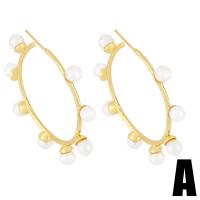 Brass Stud Earring, with Plastic Pearl, gold color plated & micro pave cubic zirconia, golden 