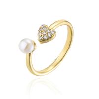 Cubic Zirconia Micro Pave Brass Finger Ring, with Plastic Pearl, gold color plated, Adjustable & micro pave cubic zirconia & for woman, 18mm 