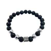 Edelstein Armbänder, Lava, mit Obsidian & Messing, rund, silberfarben plattiert, Modeschmuck & unisex & Micro pave Zirkonia, schwarz, 8mm, Länge:ca. 7.48 ZollInch, verkauft von PC