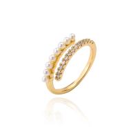 Brass Cuff Finger Ring, with Plastic Pearl, gold color plated, Adjustable & micro pave cubic zirconia & for woman, 18mm 