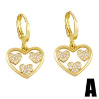 Huggie Hoop Drop Earring, Brass, Heart, gold color plated & micro pave cubic zirconia, golden 