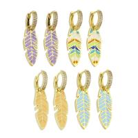 Brass Huggie Hoop Drop Earring, Feather, gold color plated, Adjustable & micro pave cubic zirconia & for woman & enamel 32mm 