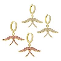 Brass Huggie Hoop Drop Earring, swallow, gold color plated, micro pave cubic zirconia & for woman 30mm 