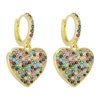 Brass Huggie Hoop Drop Earring, Heart, gold color plated, micro pave cubic zirconia & for woman, multi-colored, 31mm 