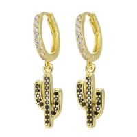 Huggie Hoop Drop Earring, Brass, Opuntia Stricta, gold color plated, micro pave cubic zirconia & for woman, black, 30mm 