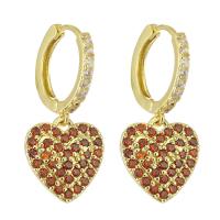 Huggie Hoop Drop Earring, Brass, Heart, gold color plated, micro pave cubic zirconia & for woman, reddish orange, 28mm 