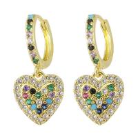 Huggie Hoop Drop Earring, Brass, Heart, gold color plated, micro pave cubic zirconia & for woman, multi-colored, 26mm 