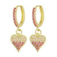 Huggie Hoop Drop Earring, Brass, Heart, gold color plated, micro pave cubic zirconia & for woman, pink, 28mm 