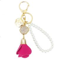 bijoux de porte-clés en Alliage de zinc, cuir PU, avec perle de plastique & alliage de zinc, Rose, Placage de couleur d'or, pour femme & avec strass, plus de couleurs à choisir Vendu par PC