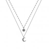 Edelstahl Schmuck Halskette, Zinklegierung, mit Verlängerungskettchen von 1.96inch, Mond und Sterne, Platinfarbe platiniert, Doppelschicht & für Frau & mit Strass, Länge:ca. 15.7 ZollInch, ca.  14.5 ZollInch, verkauft von PC