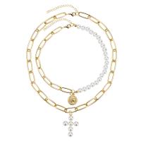 Collar de perlas de plástico, aleación de zinc, con Perlas plásticas, con 1.97inch extender cadena, Cruces, chapado en color dorado, 2 piezas & Joyería & para mujer, longitud:aproximado 15.75 Inch, Vendido por Set