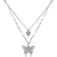 Collier de mode Multi couche, alliage de zinc, papillon, Placage de couleur argentée, Double couche & bijoux de mode & pour femme & avec strass Environ 15.7 pouce, Environ  14.1 pouce, Vendu par PC