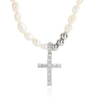 Collier de bijoux de titane, Acier titane, avec perle, croix, unisexe & avec strass, blanc, 40.5mm Environ 19.69 pouce, Vendu par PC