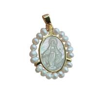 Cultured Freshwater Pearl Brass Pendant, White Shell, with Freshwater Pearl & Brass, Round, gold color plated, DIY, white [