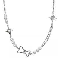 Stainless Steel Jewelry Necklace, 314 Stainless Steel, with Plastic Pearl, Bowknot, for woman & hollow Approx 15.7 Inch 