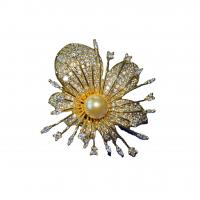 Cubic Zirconia Brooch, Brass, with Plastic Pearl, Flower, real gold plated, Unisex & micro pave cubic zirconia 