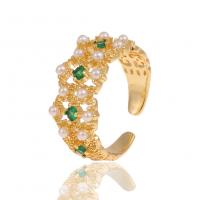 Brass Cuff Finger Ring, with Plastic Pearl, gold color plated, micro pave cubic zirconia & for woman, golden, 21mm 