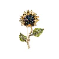 Crystal Brooch, Brass, with Crystal, Sunflower, Hand-Painted Enamel Glaze & for woman 