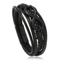 PU Leather Cord Bracelets, Cowhide, with PU Leather & Zinc Alloy, handmade & Unisex, black 