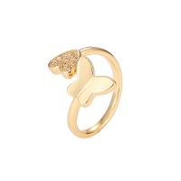 Brass Cuff Finger Ring, Butterfly, gold color plated, micro pave cubic zirconia & for woman, golden, 20mm 