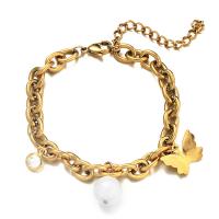 Edelstahl Charm Armband, 304 Edelstahl, mit Muschelkern, mit Verlängerungskettchen von 1.97inch, Schmetterling, Vakuum-Ionen-Beschichtung, Modeschmuck & für Frau & mit Strass, keine, 7mm, Länge:ca. 6.69 ZollInch, verkauft von PC