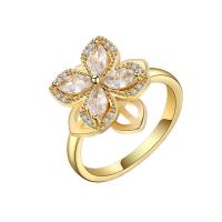 Zircon pavent l'anneau en laiton de doigt, Trèfle à quatre feuilles, Placage de couleur d'or, rotatif & pavé de micro zircon & pour femme, doré, 16.34mm, Vendu par PC