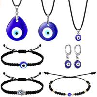 Evil Eye Jewelry Set, Polyester Cord, bracelet & earring & necklace, with Lampwork & Zinc Alloy, plated, 7 pieces & fashion jewelry, mixed colors 