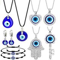 Evil Eye Jewelry Set, Zinc Alloy, bracelet & earring & necklace, with Polyester Cord & Lampwork, silver color plated, 9 pieces & with rhinestone, mixed colors 