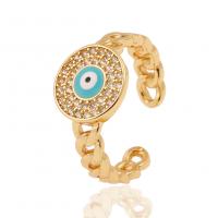 Brass Cuff Finger Ring, gold color plated, Adjustable & evil eye pattern & micro pave cubic zirconia & for woman & enamel 