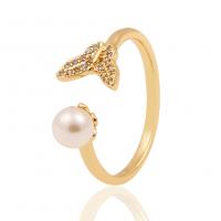 Brass Cuff Finger Ring, with Plastic Pearl, gold color plated, Adjustable & micro pave cubic zirconia & for woman, 21mm 