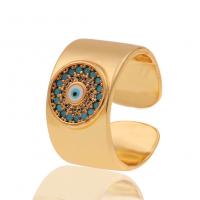 Brass Cuff Finger Ring, gold color plated, Adjustable & evil eye pattern & micro pave cubic zirconia & for woman 