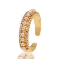 Brass Cuff Finger Ring, with Plastic Pearl, gold color plated, Adjustable & micro pave cubic zirconia & for woman 