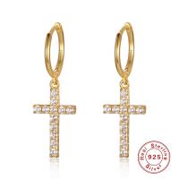 Huggie Hoop Drop Earring, 925 Sterling Silver, Cross, plated, for woman & with rhinestone 