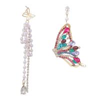 Asymmetric Earrings, Zinc Alloy, with Resin & Plastic Pearl, Butterfly, gold color plated, for woman & with rhinestone & hollow 