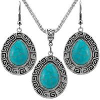 Fashion Zinc Alloy Jewelry Sets, with Synthetic Turquoise, with 2.56Inch extender chain, Teardrop, silver color plated, vintage & for woman, blue Approx 17.72 Inch, Approx 