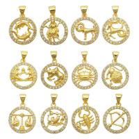 Cubic Zirconia Micro Pave Brass Pendant, 12 Signs of the Zodiac, gold color plated, DIY & micro pave cubic zirconia, golden 