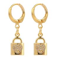 Huggie Hoop Drop Earring, Brass, Lock, gold color plated, micro pave cubic zirconia & for woman 