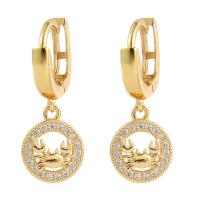 Huggie Hoop Drop Earring, Brass, Crab, gold color plated, micro pave cubic zirconia & for woman & hollow 