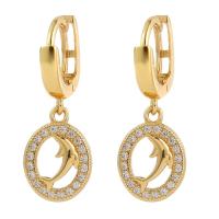 Huggie Hoop Drop Earring, Brass, Dolphin, gold color plated, micro pave cubic zirconia & for woman & hollow 