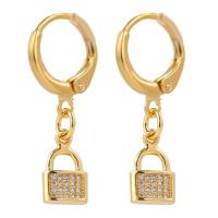 Huggie Hoop Drop Earring, Brass, Lock, gold color plated, micro pave cubic zirconia & for woman 