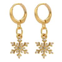 Huggie Hoop Drop Earring, Brass, Snowflake, gold color plated, micro pave cubic zirconia & for woman 