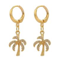 Huggie Hoop Drop Earring, Brass, Palm Tree, gold color plated, micro pave cubic zirconia & for woman 