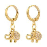 Huggie Hoop Drop Earring, Brass, Elephant, gold color plated, micro pave cubic zirconia & for woman 